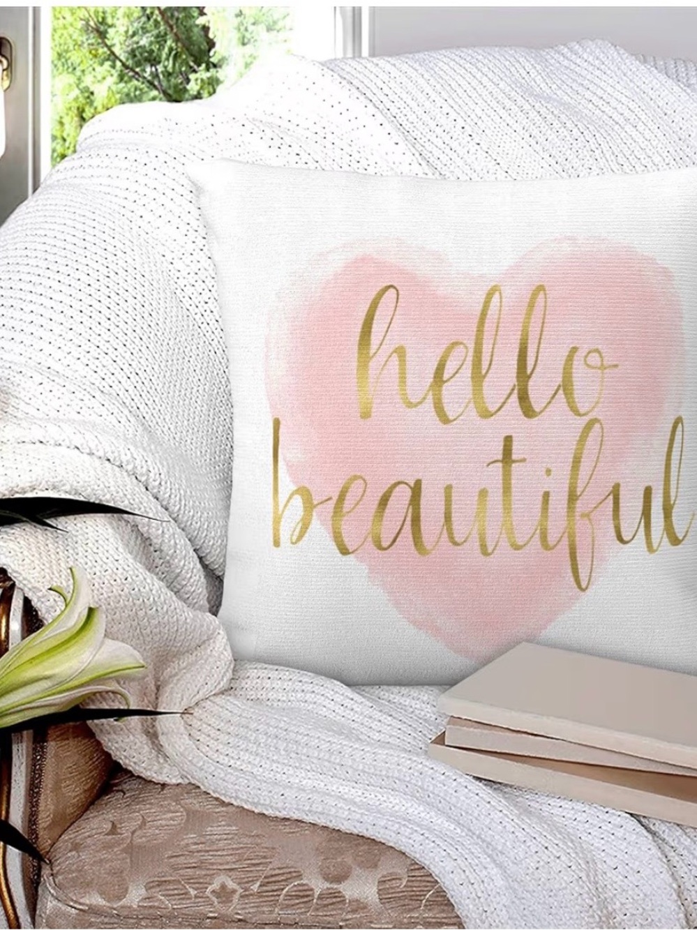 Hello Beautiful Pink Heart Throw Pillow Cover